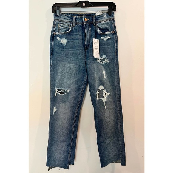 NEW Zara Jeans Womens 2 High Rise Blue Distressed Ripped Denim - Picture 3 of 8